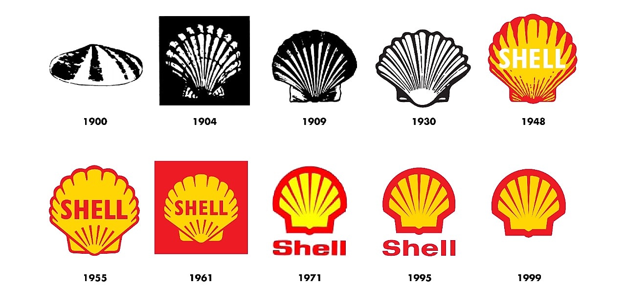 La imagen muestra cómo ha evolucionado el emblema de Shell desde 1900 hasta la actualidad